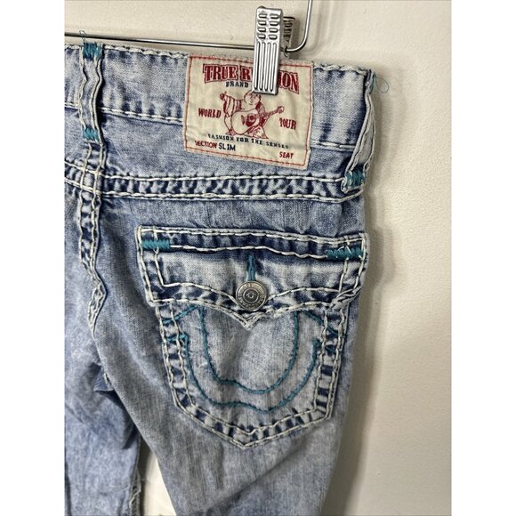 True Religion Men 30X33 Slim Blue Stitch Denim Jeans Stone Wash Distressed - Picture 7 of 9